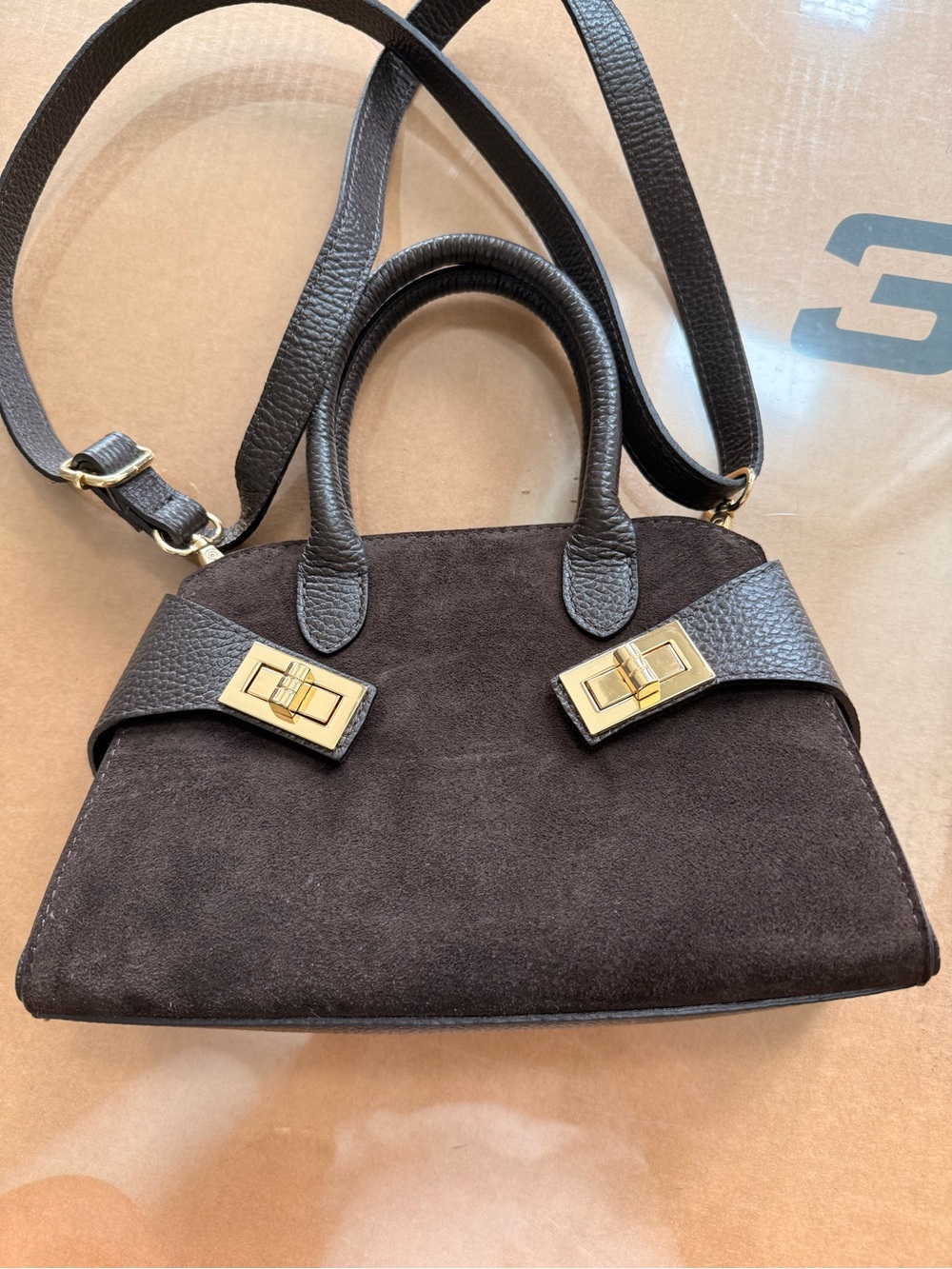 Structured Dark Brown Suede leather top handle bag Satchel with Gold buckle